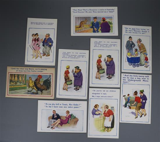 A collection of comic postcards and cigarette cards etc.,